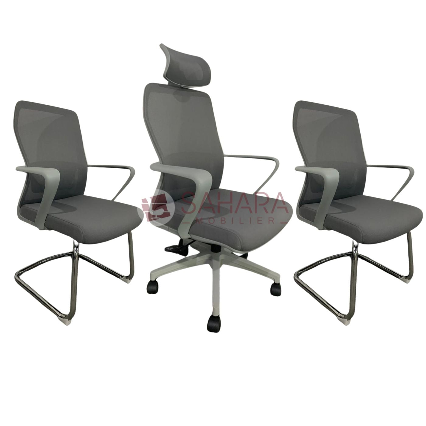 pack fauteuil en MeSH gris sur piètement chromé